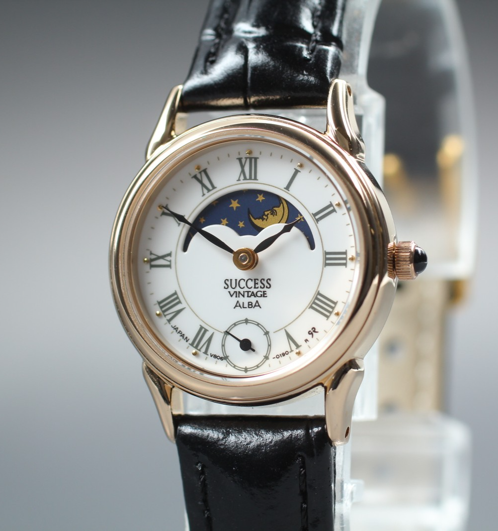 Vintage 1989 [Near MINT] Seiko Alba V806-0090 22mm Quartz Sun & Moon Roman Women