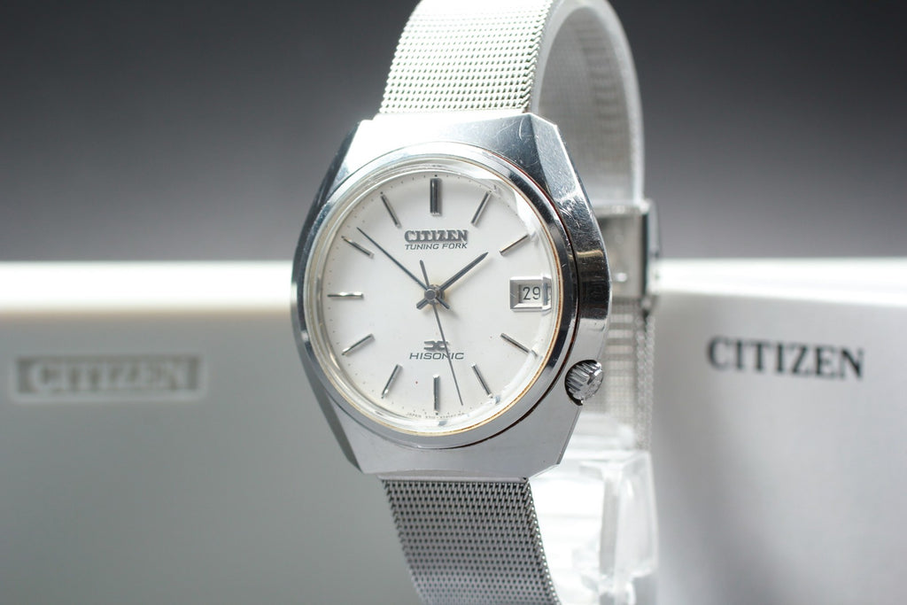 Exc+5 / Box Citizen Tuning Fork Hisonic 3711 Sweep Second Silver Quartz Men's