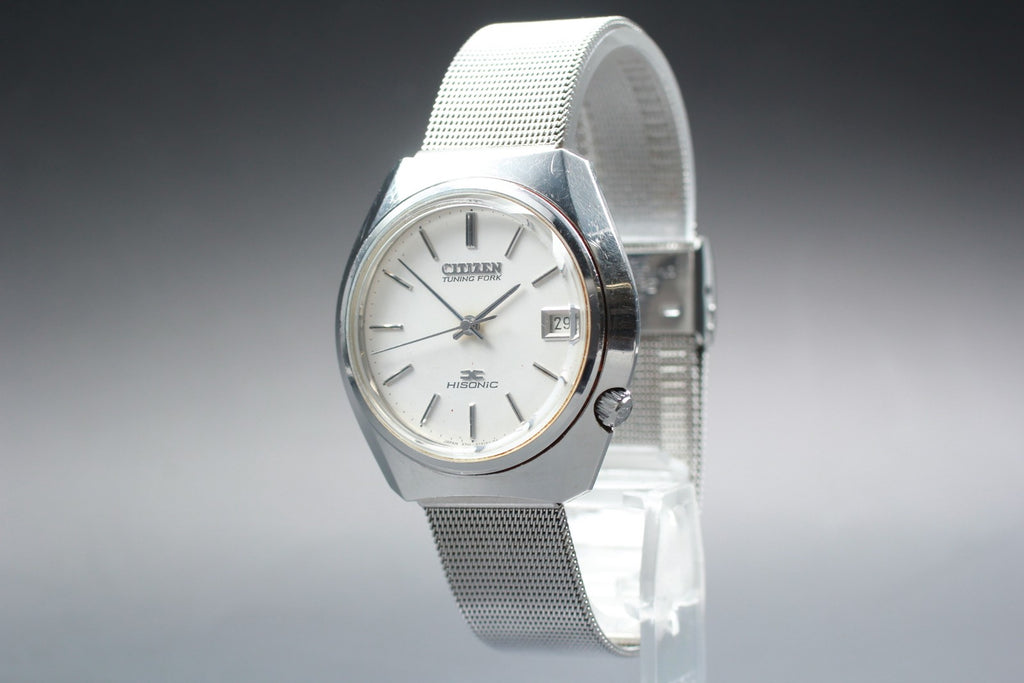 Exc+5 / Box Citizen Tuning Fork Hisonic 3711 Sweep Second Silver Quartz Men's