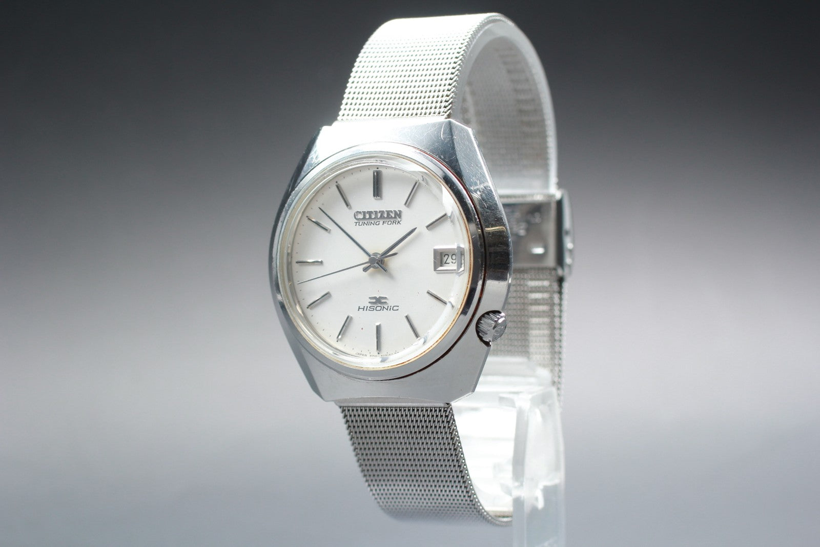 Exc+5 / Box Citizen Tuning Fork Hisonic 3711 Sweep Second Silver Quartz Men's