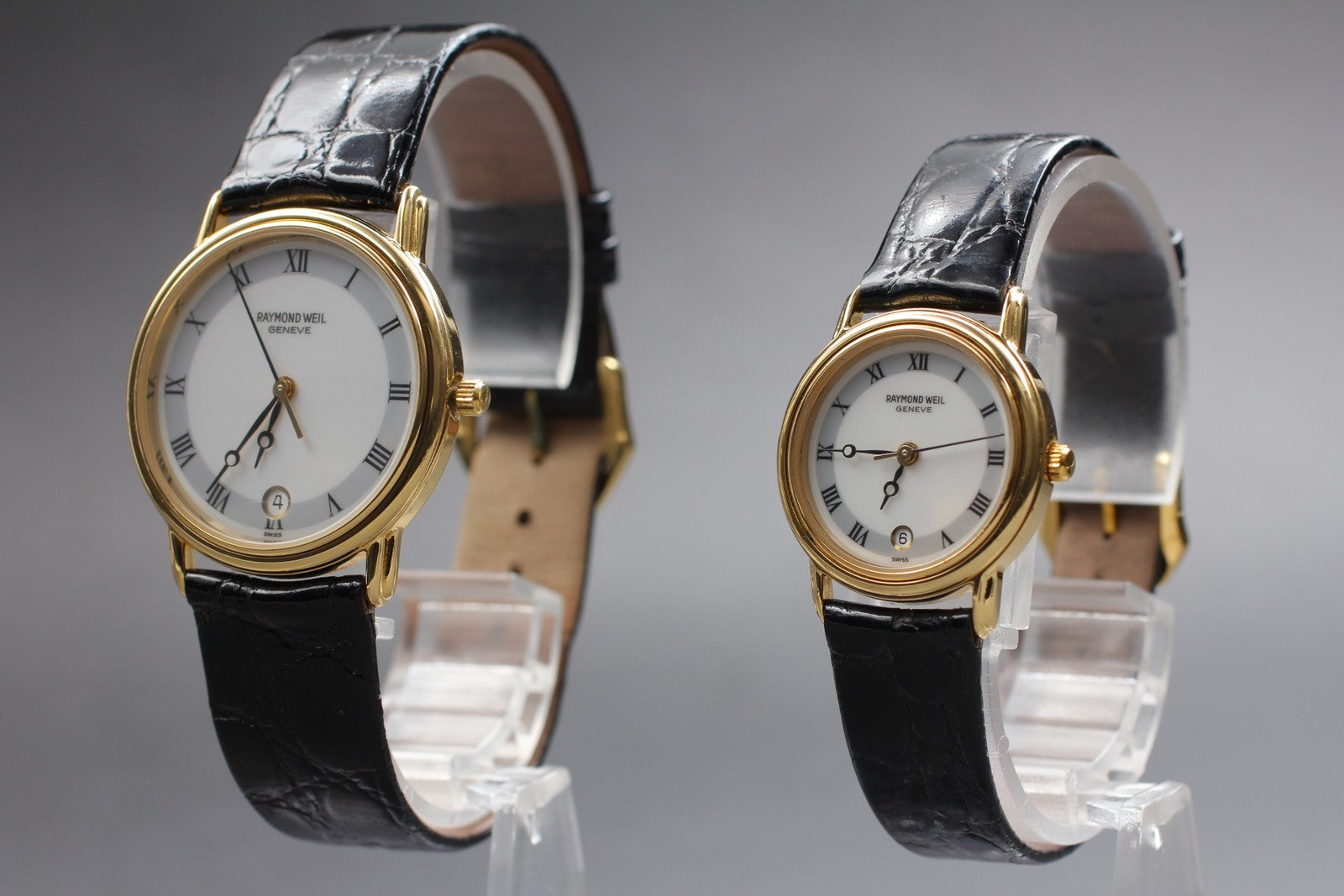 Exc+5 Vintage Raymond Weil Geneve 5532 & 5332 Quartz White Roman Dial Pair Watch