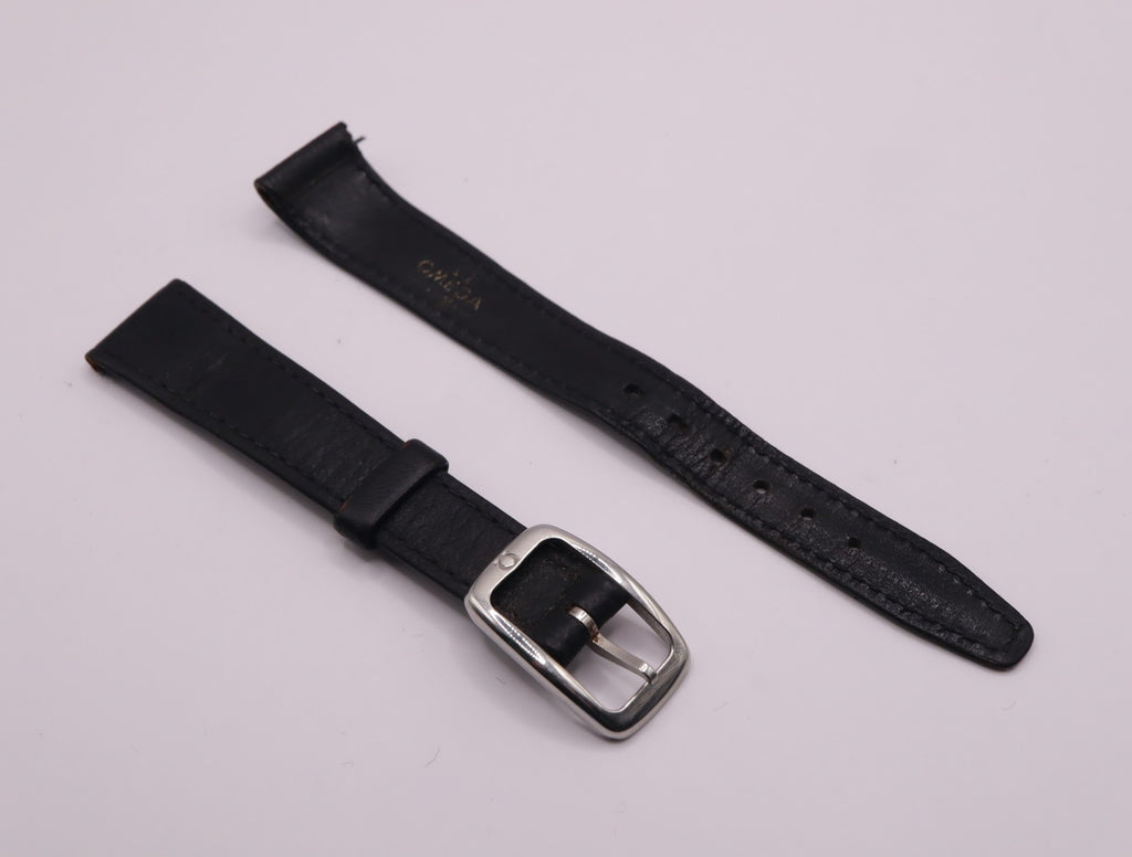 Near MINT Omega Vintage Genuine Black Leather Strap 14mm Silver Buckle Women's