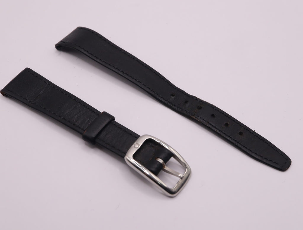 Near MINT Omega Vintage Genuine Black Leather Strap 14mm Silver Buckle Women's