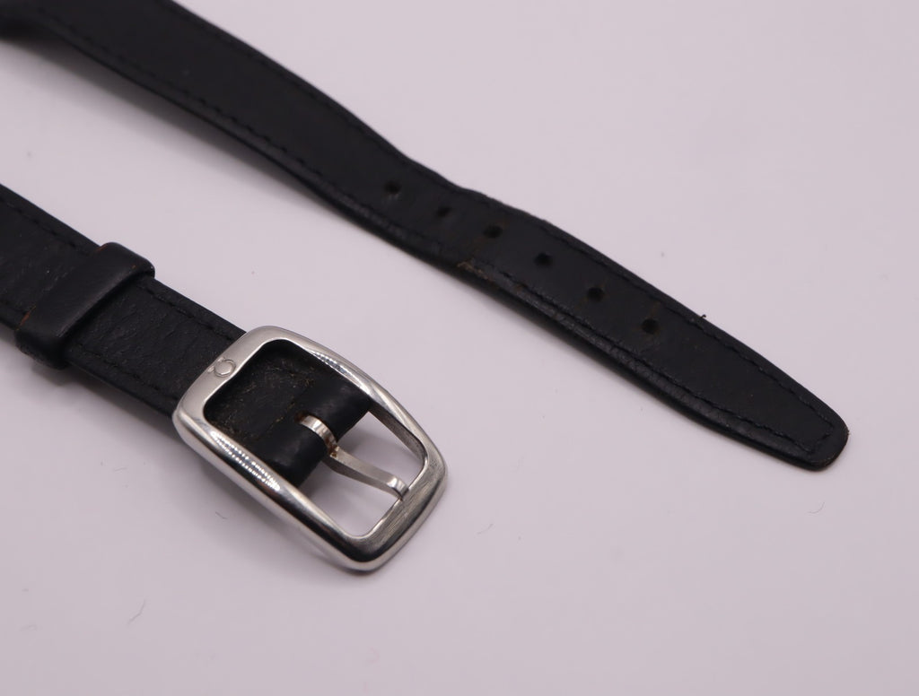 Near MINT Omega Vintage Genuine Black Leather Strap 14mm Silver Buckle Women's
