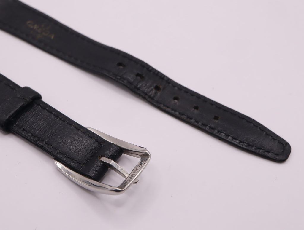 Near MINT Omega Vintage Genuine Black Leather Strap 14mm Silver Buckle Women's