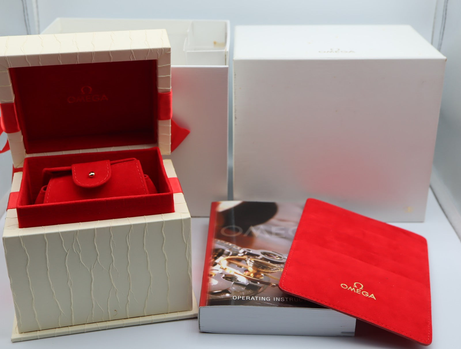 Near MINT Omega Red Ribbon White Watch Box Genuine Case Only From JAPAN #1524