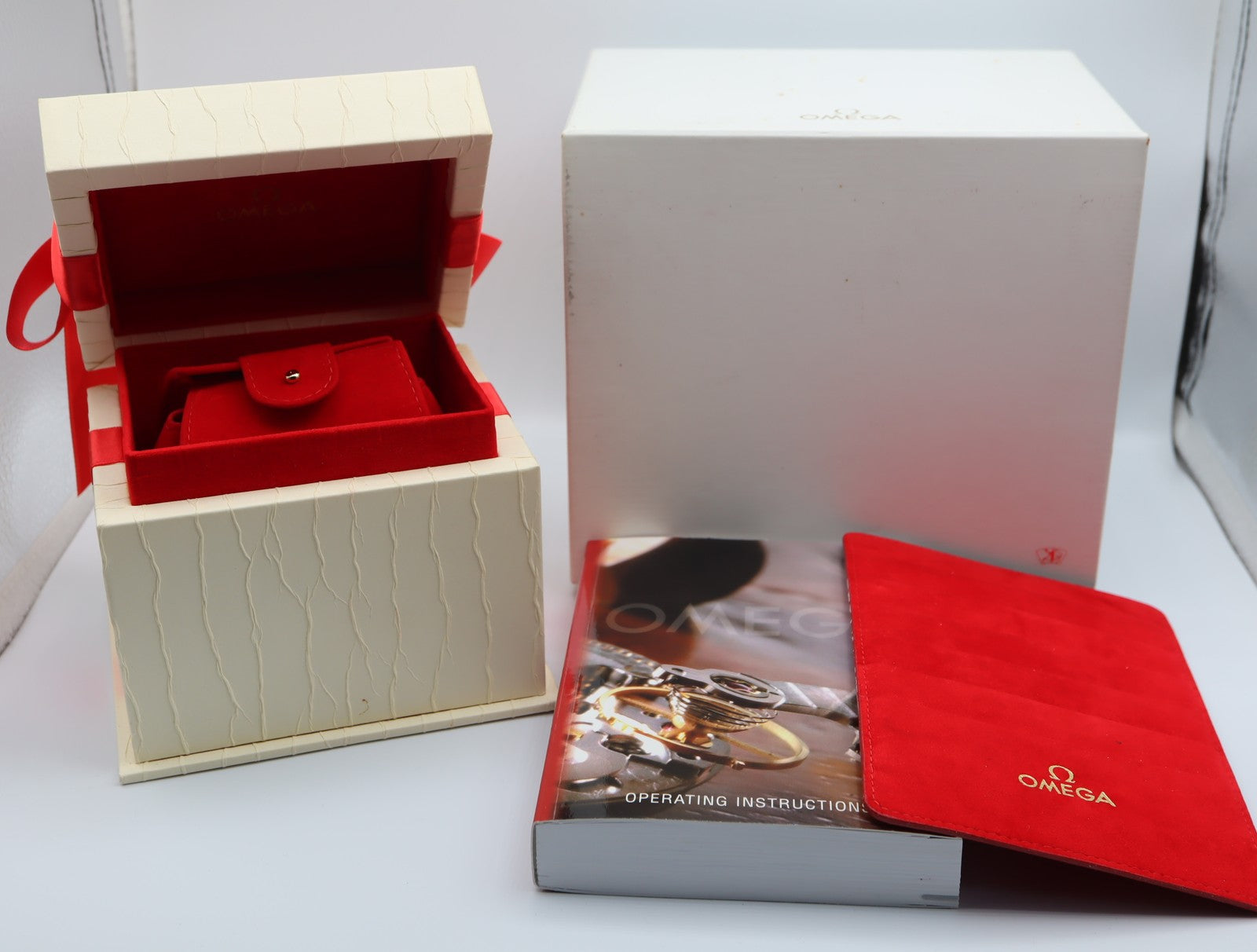 Near MINT Omega Red Ribbon White Watch Box Genuine Case Only From JAPAN #1524
