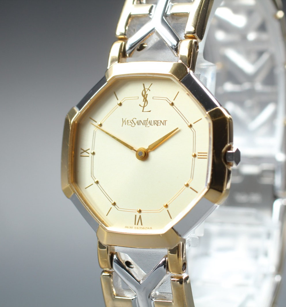 Near MINT Vintage Yves Saint Laurent 4620-E62143 28mm Quartz Gold Octagon Unisex