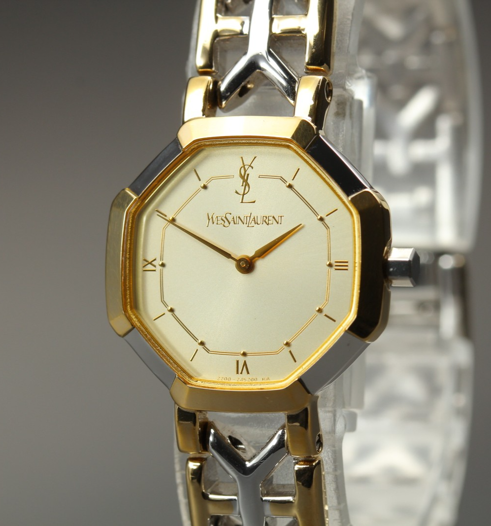 Vintage Yves Saint Laurent 2200-241762 Quartz 23mm Gold Dial Octagon Women's