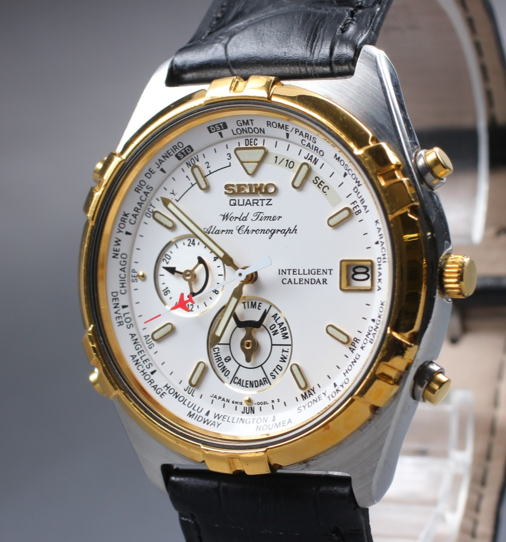 1995 Near MINT SEIKO World Timer 39mm 6M15-0020 Chronograph Quartz Men Vintage