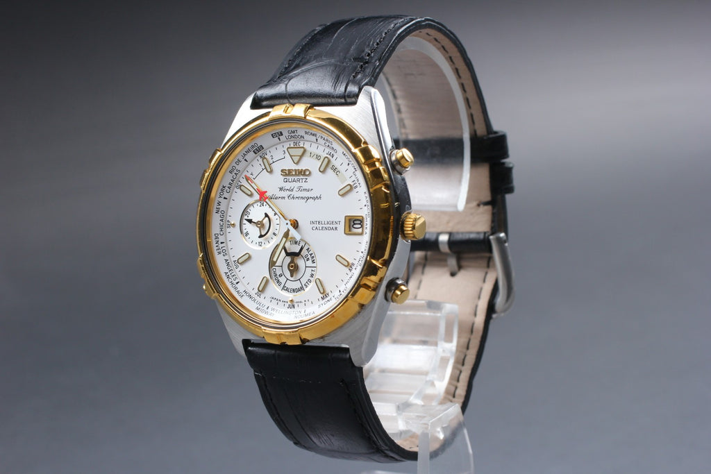 1995 Near MINT SEIKO World Timer 39mm 6M15-0020 Chronograph Quartz Men Vintage