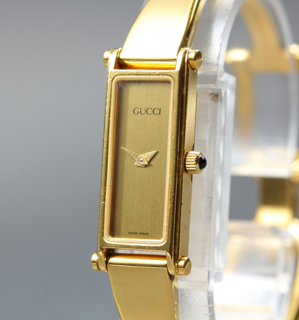 Near MINT Vintage GUCCI 1500 12mm Quartz Gold Dial Bangle Women's From JAPAN