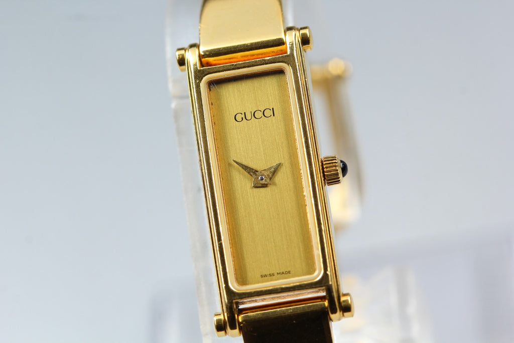 Near MINT Vintage GUCCI 1500 12mm Quartz Gold Dial Bangle Women's From JAPAN