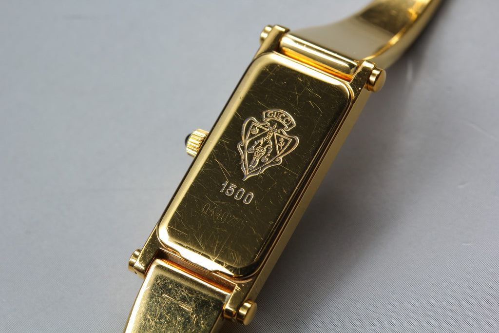 Near MINT Vintage GUCCI 1500 12mm Quartz Gold Dial Bangle Women's From JAPAN