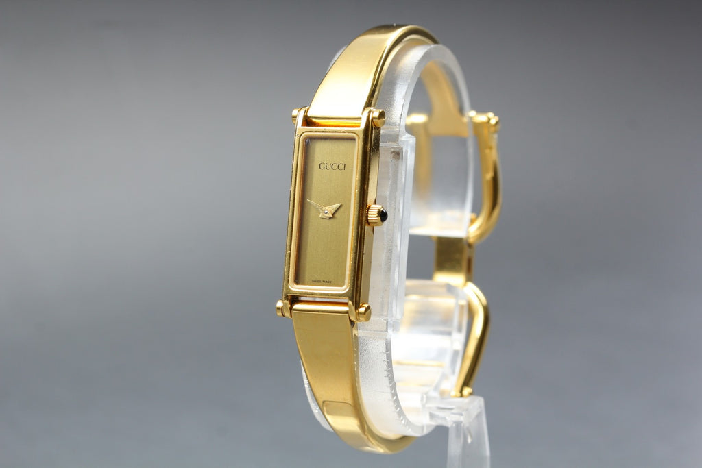Near MINT Vintage GUCCI 1500 12mm Quartz Gold Dial Bangle Women's From JAPAN