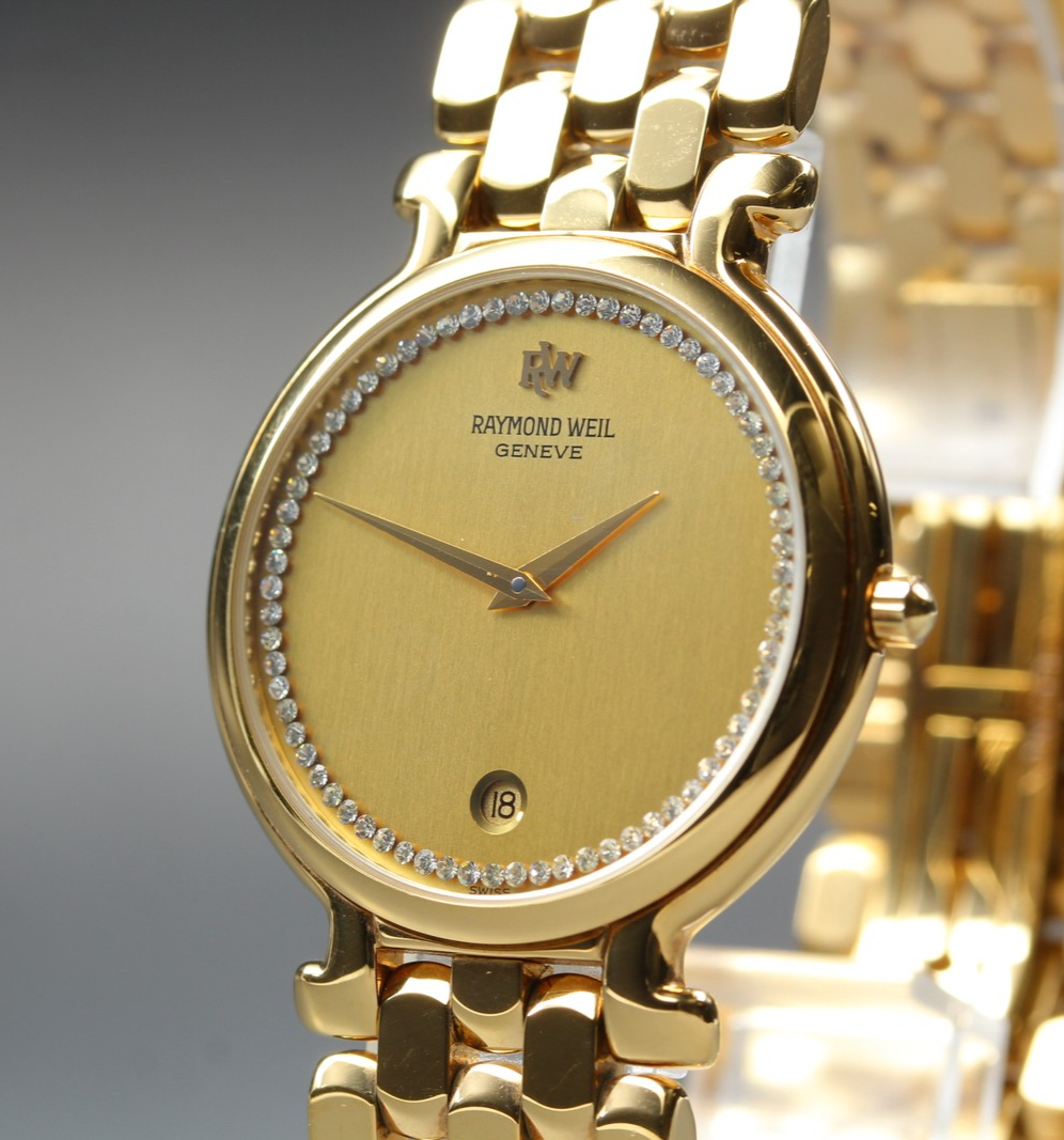 Near MINT Raymond Weil Geneve 9137 33mm Quartz Gold Dial Unisex Vintage JAPAN