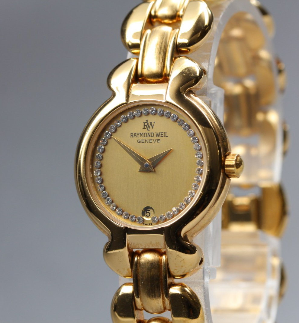 Near MINT Raymond Weil Geneve 24mm 5355 Quartz Gold Dial Women's Vintage JAPAN