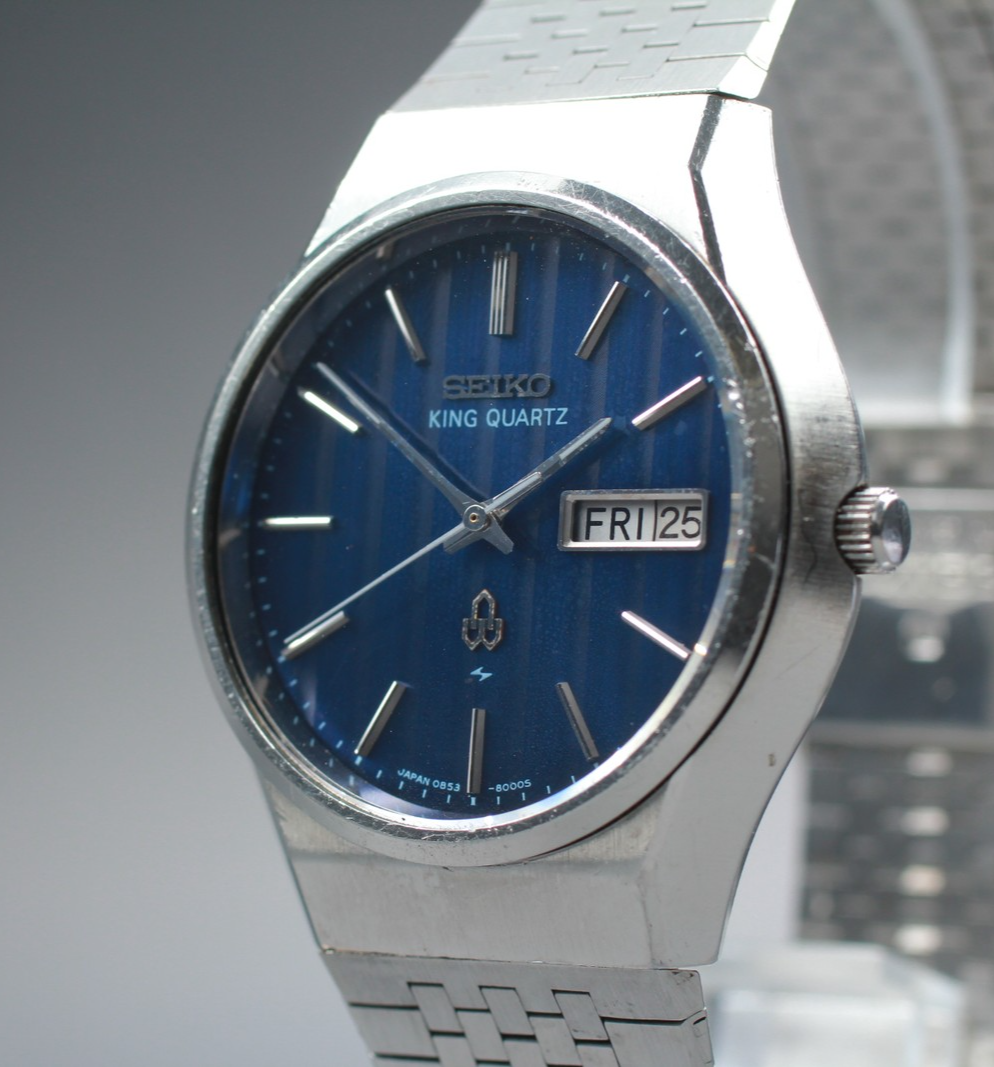 Vintage 1976 [Exc+5] Seiko King Quartz 0853-8005 37mm Blue Dial Men's From JAPAN