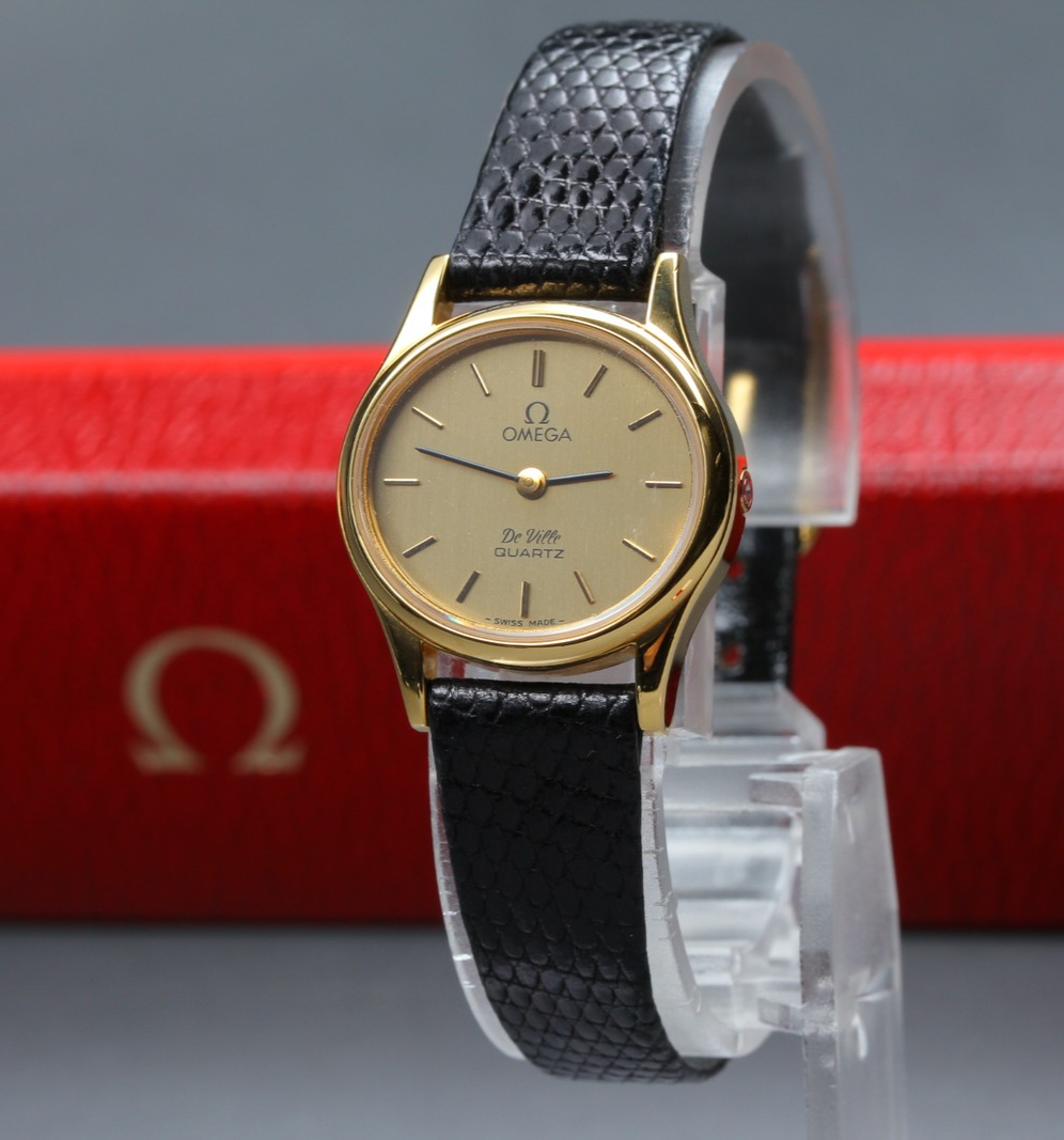 1978 Top MINT/Box OMEGA De Ville 23mm 591.0022 Quartz Gold Dial Women's Vintage