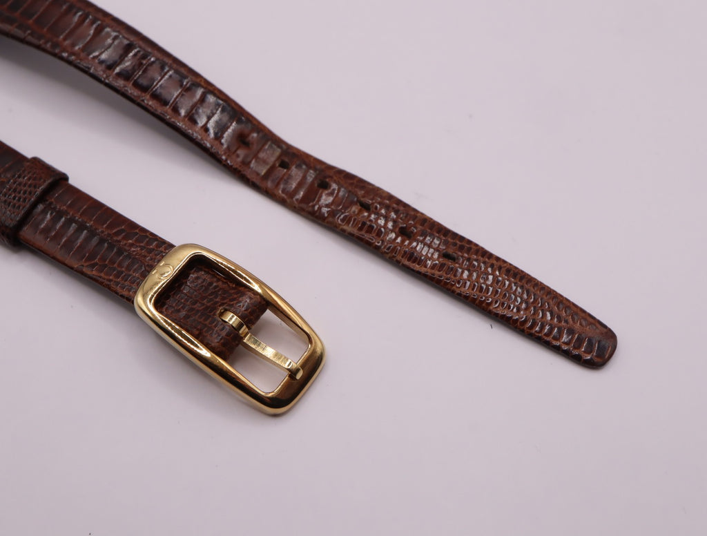 OMEGA Vintage Genuine Brown Leather Strap 11mm Watch Band Gold Buckle Women's
