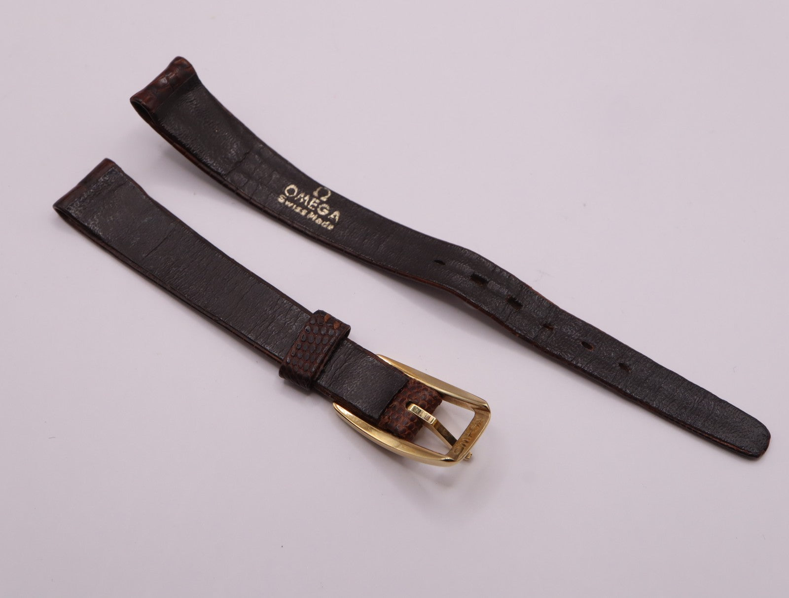 OMEGA Vintage Genuine Brown Leather Strap 11mm Watch Band Gold Buckle Women's