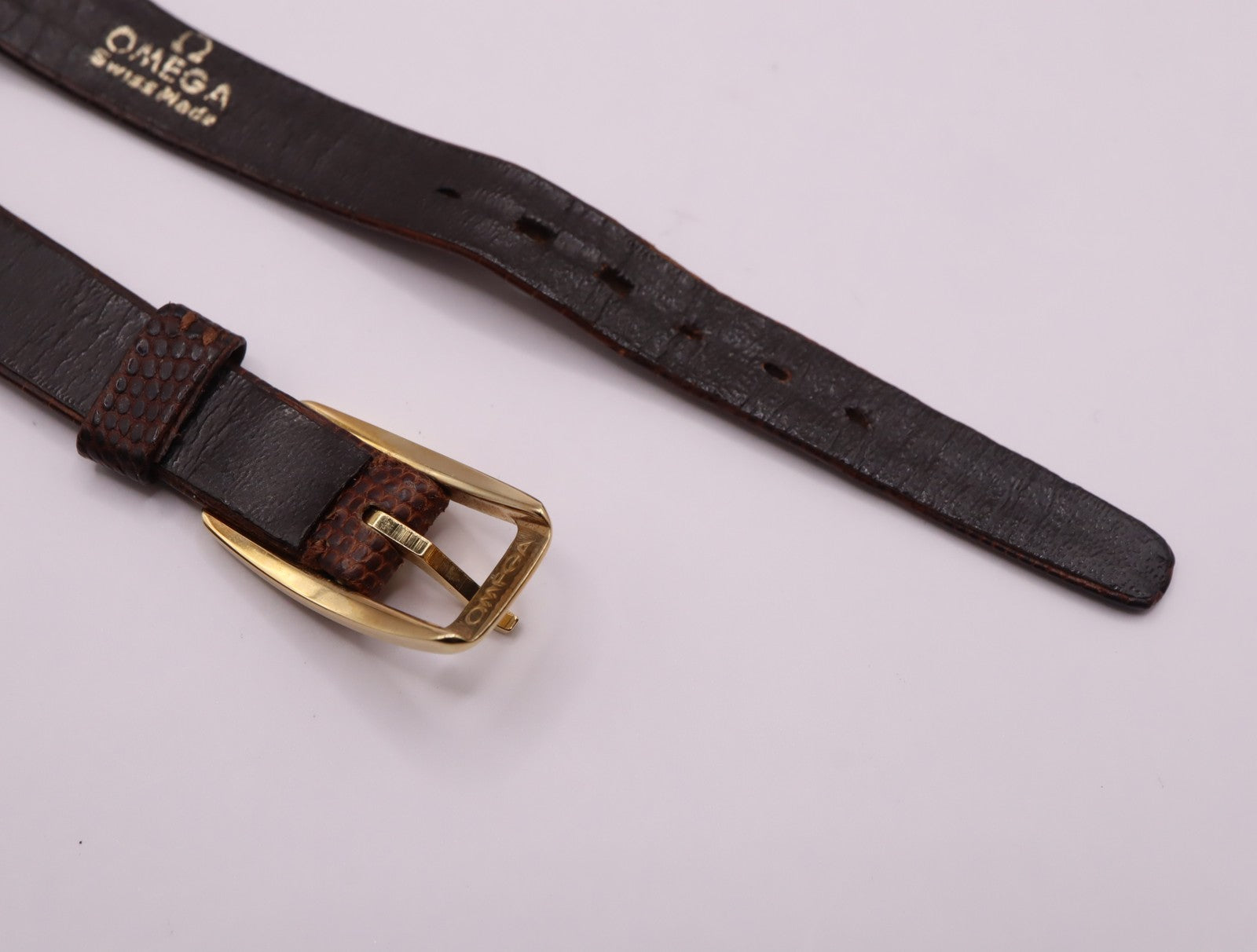 OMEGA Vintage Genuine Brown Leather Strap 11mm Watch Band Gold Buckle Women's