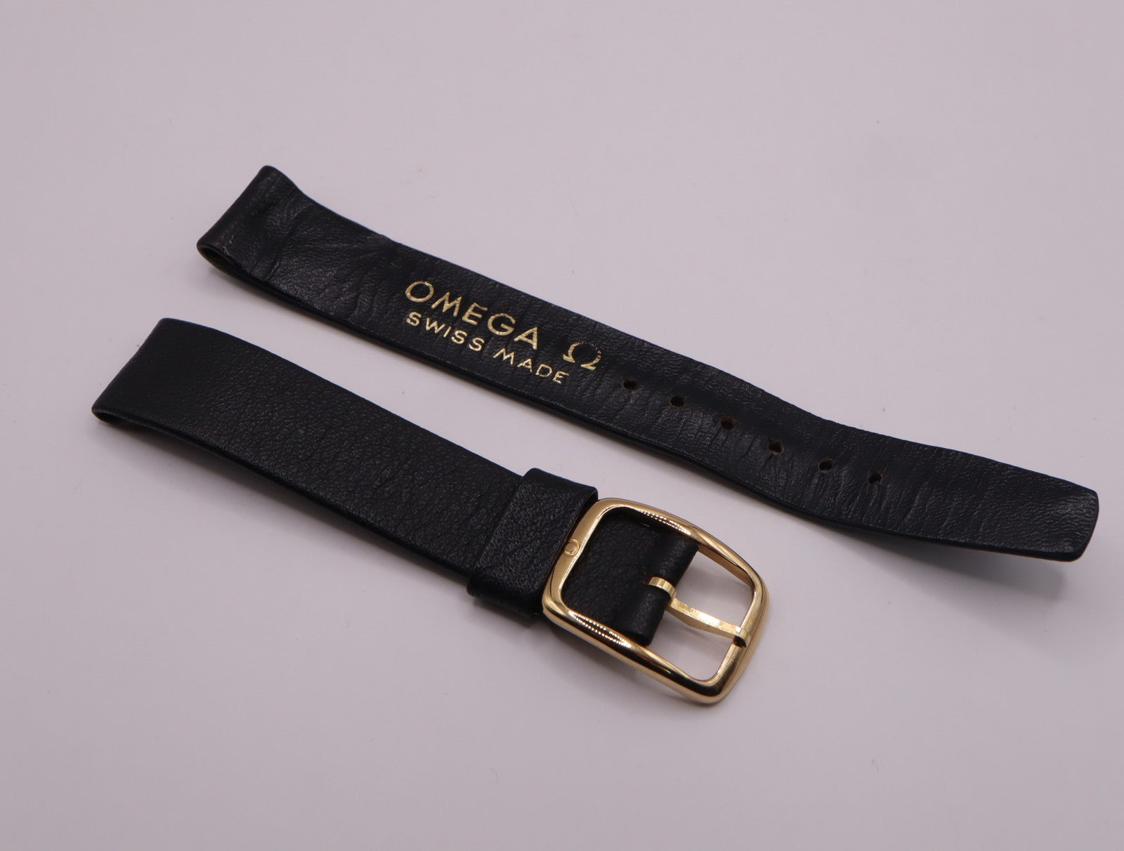 OMEGA Vintage Genuine Black Leather Strap 15mm Watch Band Gold Buckle Men's