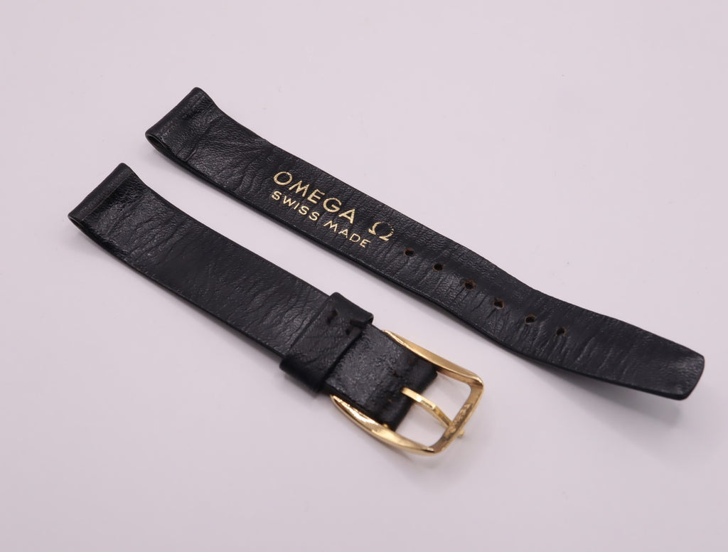 OMEGA Vintage Genuine Black Leather Strap 15mm Watch Band Gold Buckle Men's