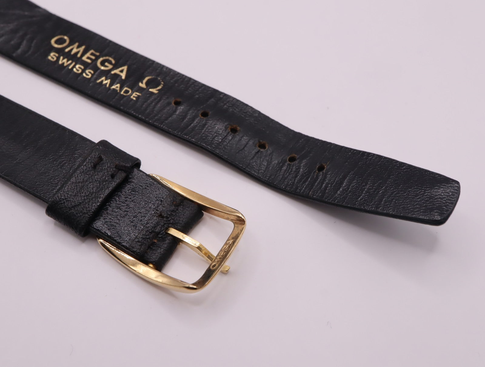OMEGA Vintage Genuine Black Leather Strap 15mm Watch Band Gold Buckle Men's