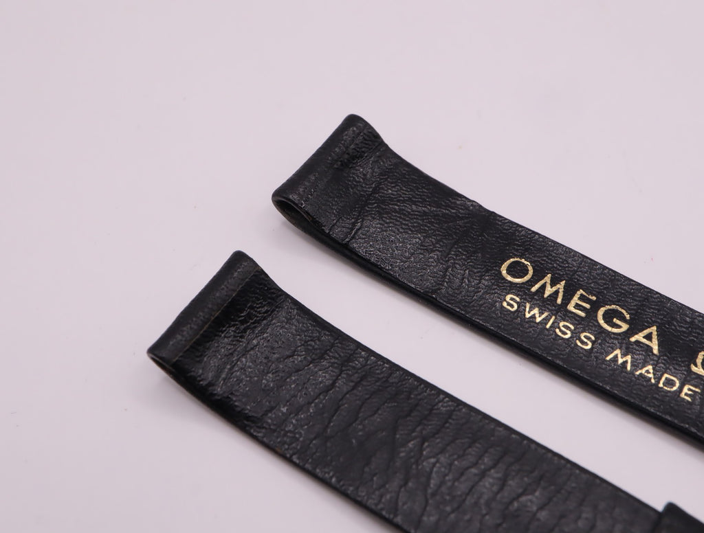 OMEGA Vintage Genuine Black Leather Strap 15mm Watch Band Gold Buckle Men's