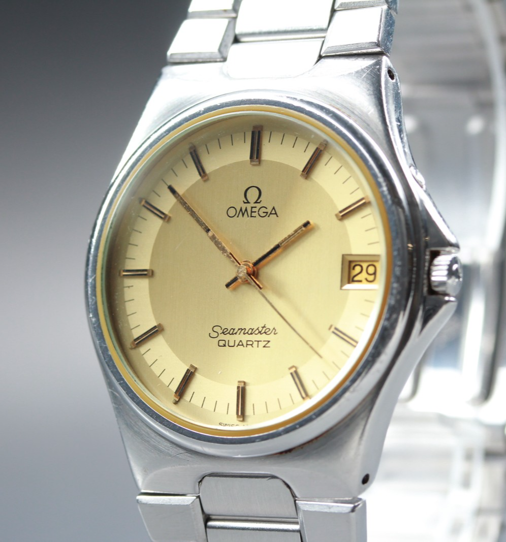 Near MINT OMEGA Seamaster 36mm 196.0222 Quartz Cal.1332 Gold Dial Men's Vintage