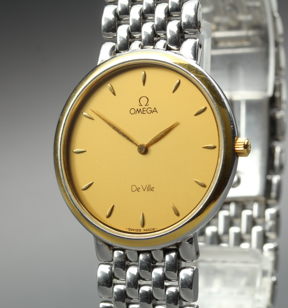 1993 Near MINT OMEGA De Ville 32mm 395.2378 Quartz SS Gold Dial Men's Vintage