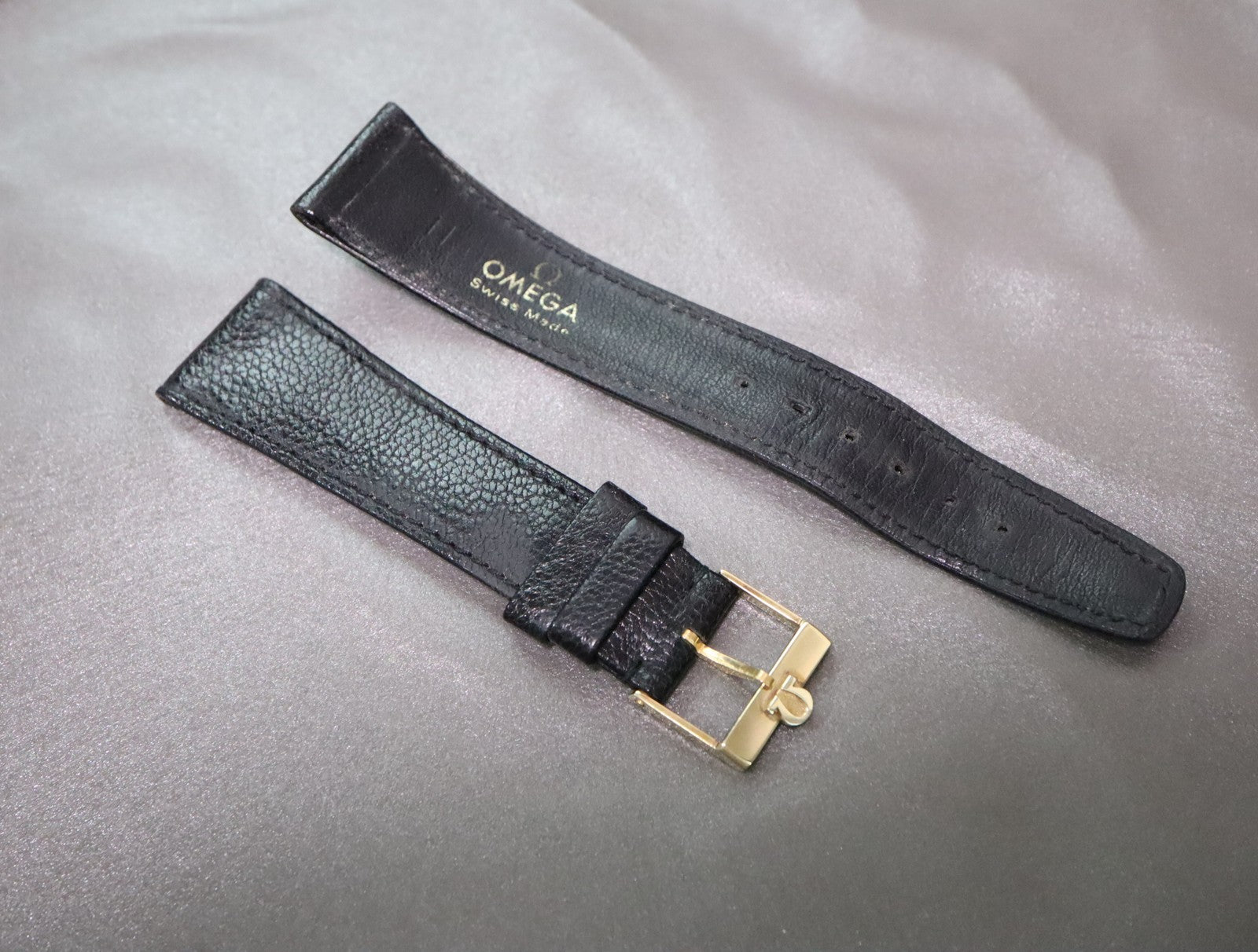 OMEGA Vintage Genuine Black Leather Strap 20mm Watch Band Gold Buckle Men's