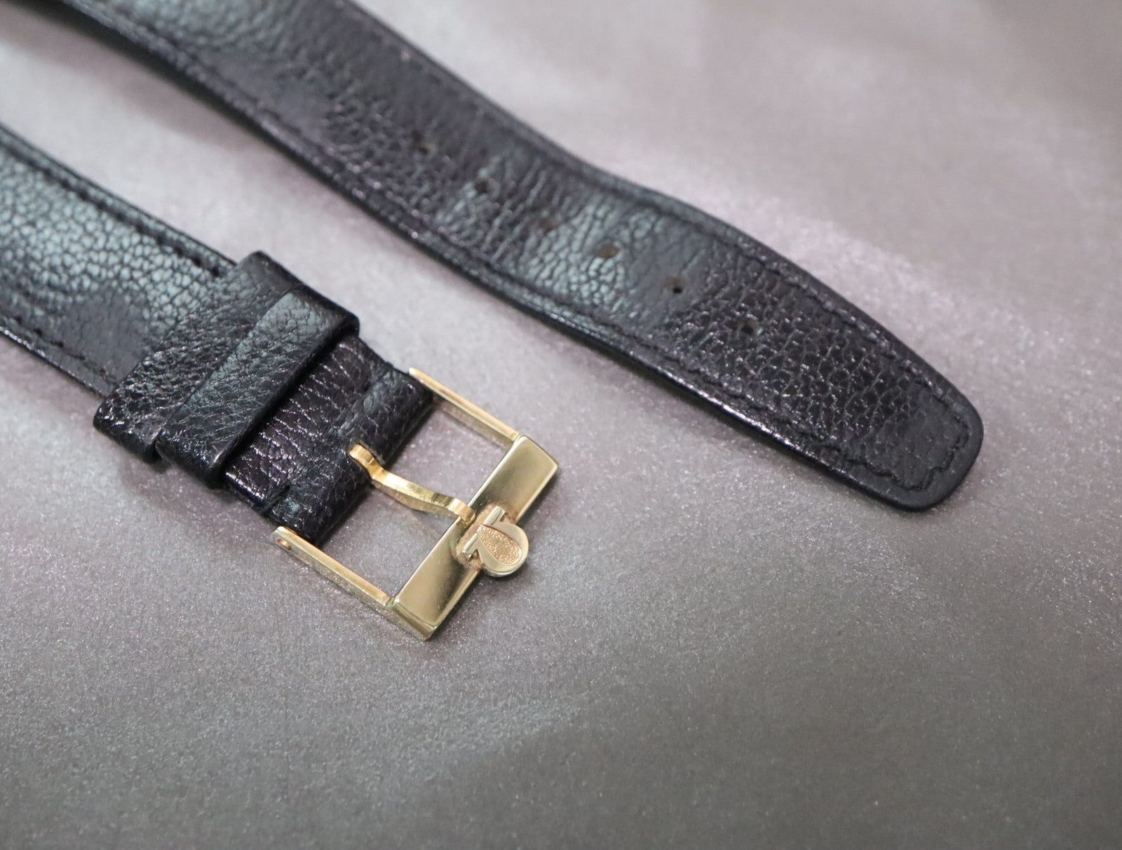 OMEGA Vintage Genuine Black Leather Strap 20mm Watch Band Gold Buckle Men's