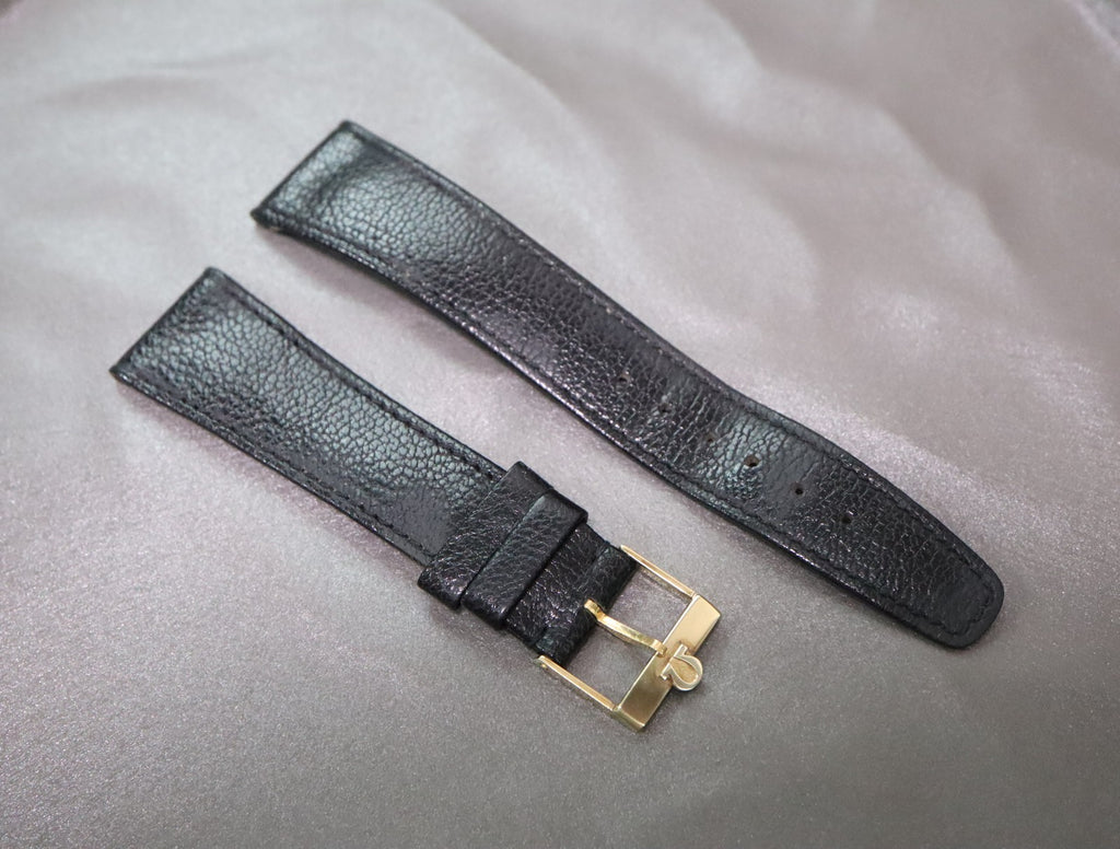 OMEGA Vintage Genuine Black Leather Strap 20mm Watch Band Gold Buckle Men's