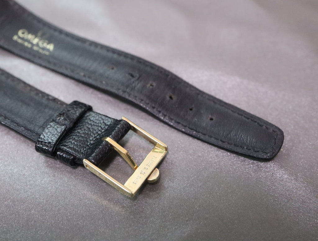 OMEGA Vintage Genuine Black Leather Strap 20mm Watch Band Gold Buckle Men's
