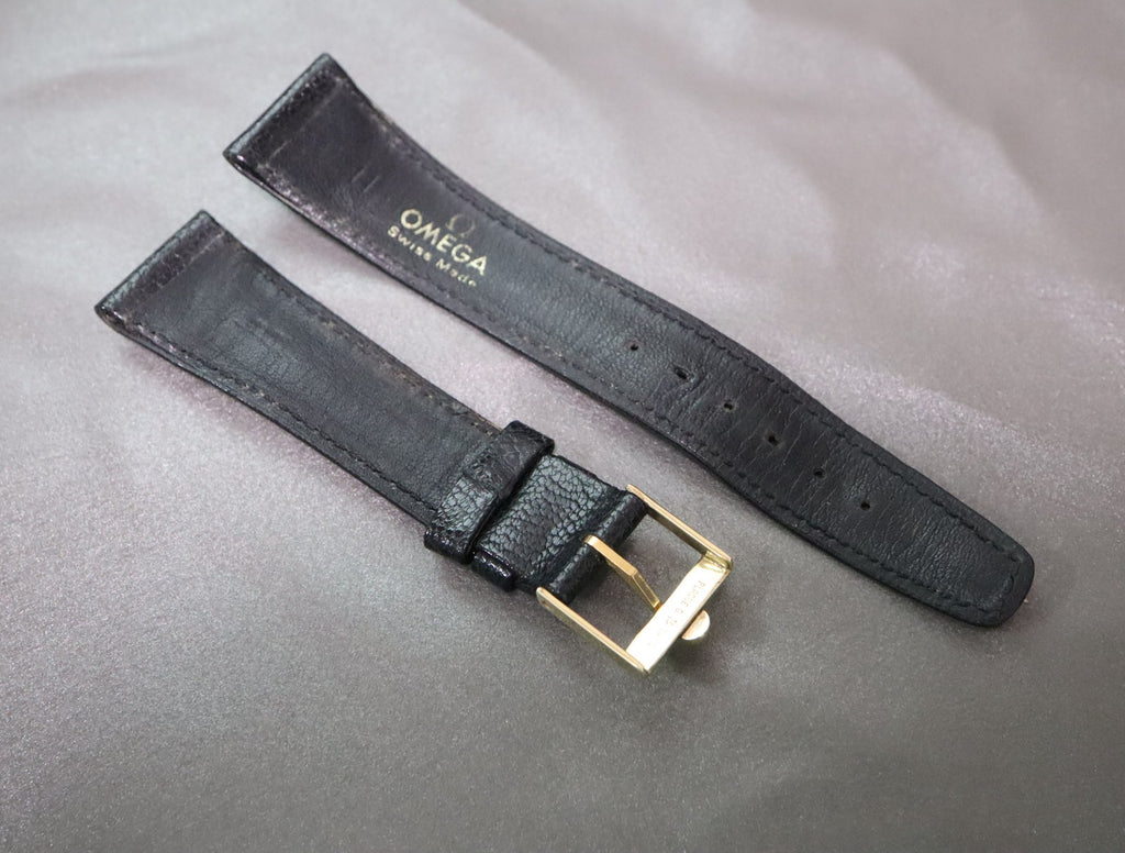 OMEGA Vintage Genuine Black Leather Strap 20mm Watch Band Gold Buckle Men's