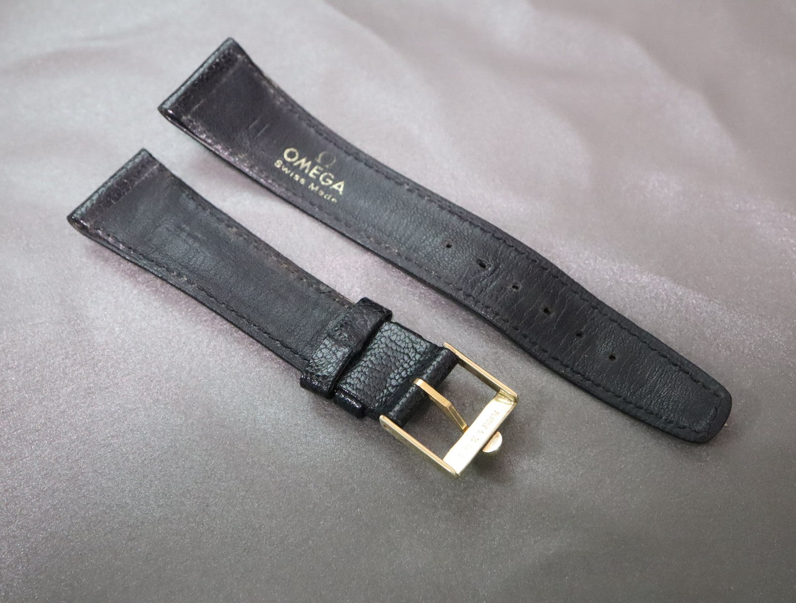 OMEGA Vintage Genuine Black Leather Strap 20mm Watch Band Gold Buckle Men's