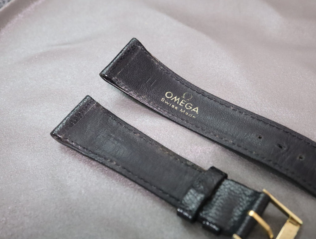 OMEGA Vintage Genuine Black Leather Strap 20mm Watch Band Gold Buckle Men's