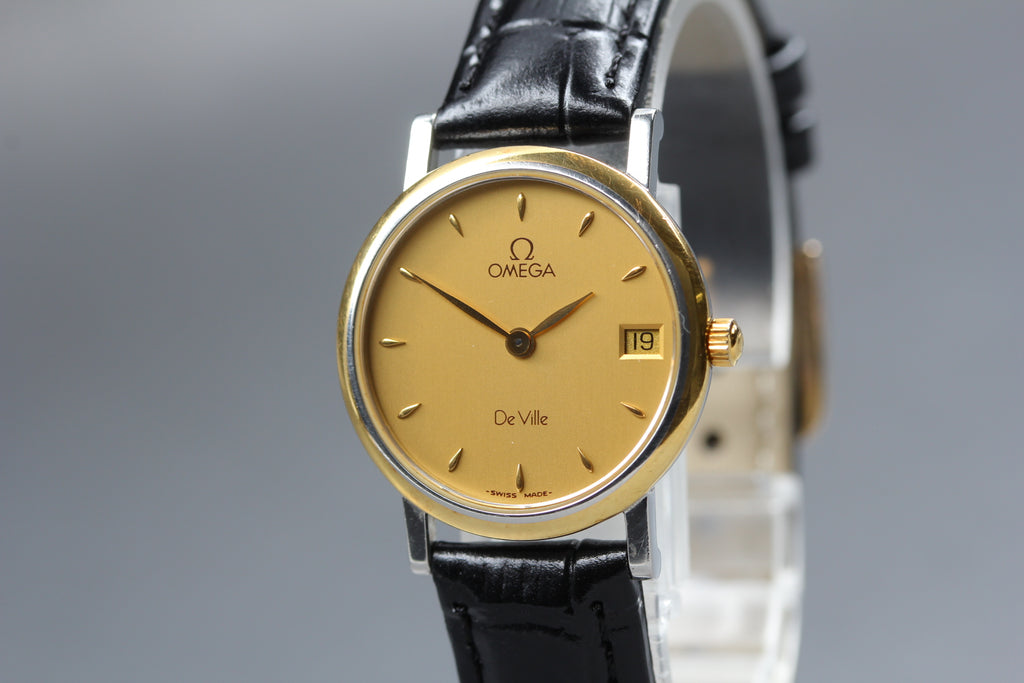 1994 Near MINT OMEGA De Ville 25mm 596.2579 Quartz Gold Dial Women's Vintage