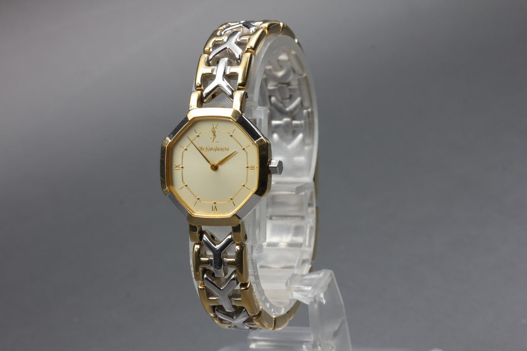 Near MINT Yves Saint Laurent 2200-241762 23mm Quartz Gold Octagon Women Vintage