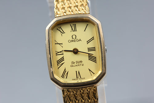 1980 Near MINT OMEGA De Ville 16mm 591.0115 Quartz Gold Roman Dial Women Vintage