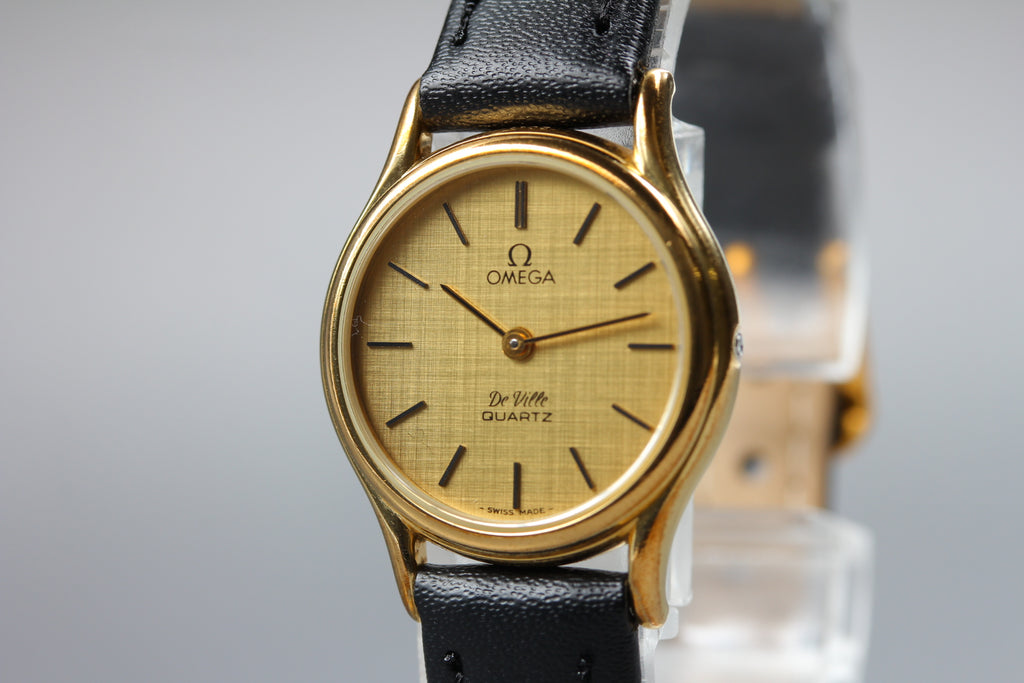 1981 Near MINT OMEGA De Ville 24mm 591.0094 Quartz Gold Dial Women's Vintage