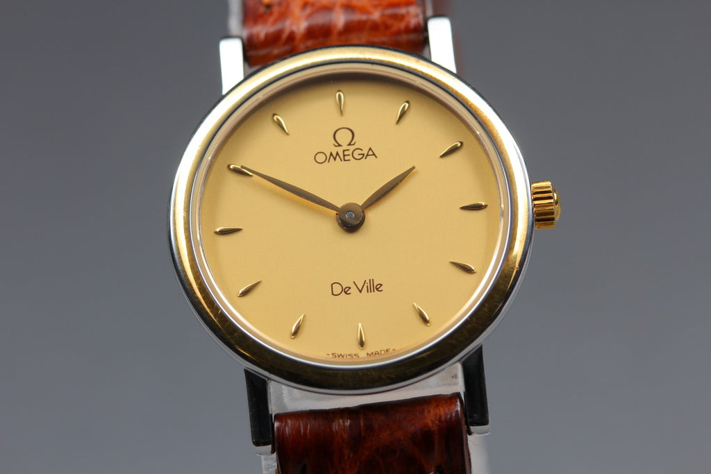 1993 Near MINT OMEGA De Ville 23mm 595.1111 Quartz Gold Dial Women's Vintage