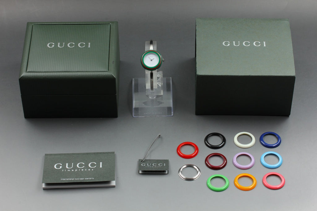Near MINT/Box, Paper Gucci Change Bezel 11/12.2L 12 Colors Quartz Silver Women's