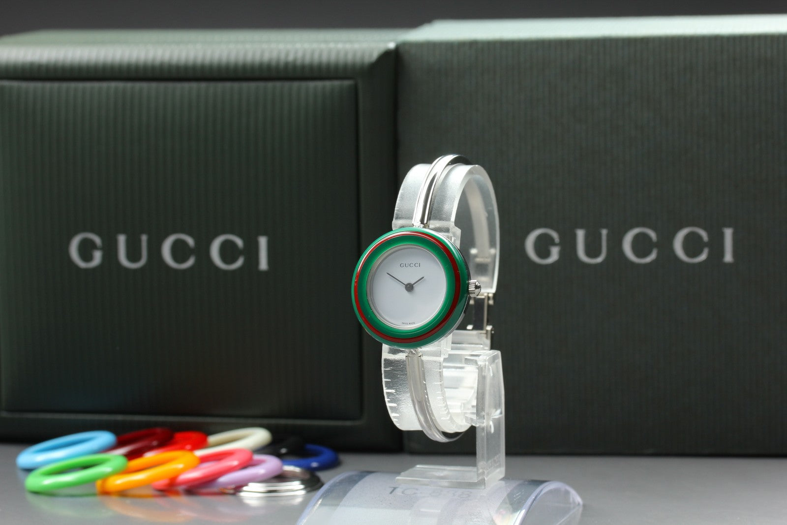 Near MINT/Box, Paper Gucci Change Bezel 11/12.2L 12 Colors Quartz Silver Women's