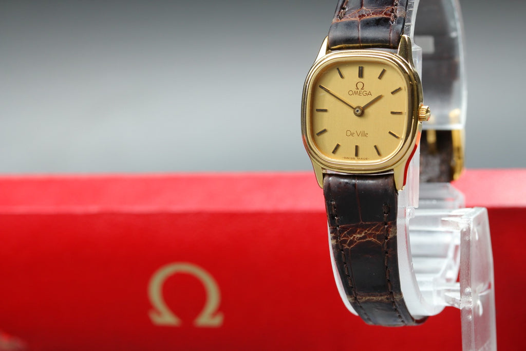 1984 w/BOX OMEGA De Ville 20mm 591.0280 Quartz Gold Dial Women's Vintage Exc+5