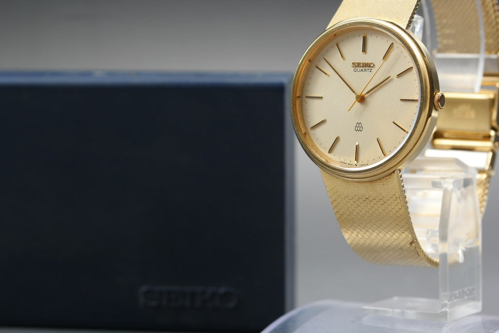 1980 Near MINT/Box SEIKO Dolce Twin Quartz 32mm 9641-7000 Gold Dial Men Vintage
