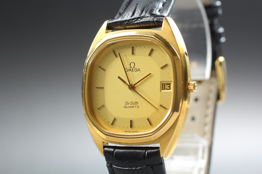 1980 Near MINT OMEGA De Ville 34mm 196.0144 Quartz Gold Dial Men's Watch Vintage