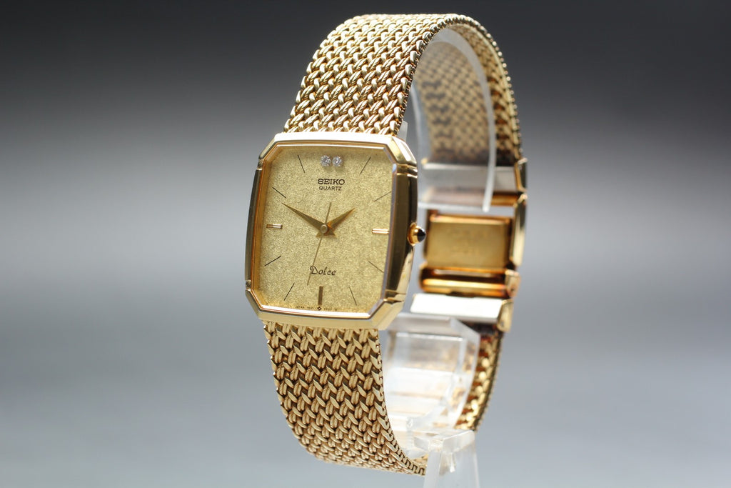 1984 Near MINT SEIKO Dolce 27mm 9521-5210 Quartz Gold 2P Diamond Men's Vintage